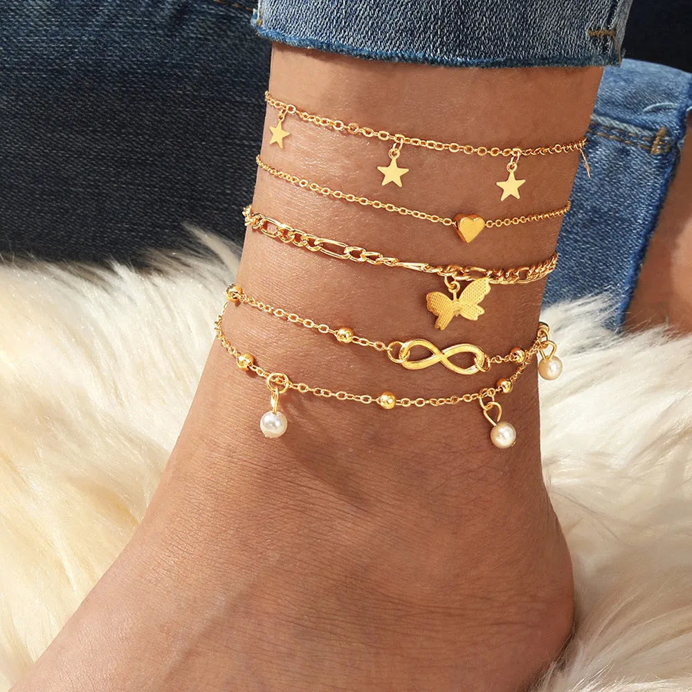 Women's butterfly pearl heart anklet 4-piece set in alloy with adjustable clasps