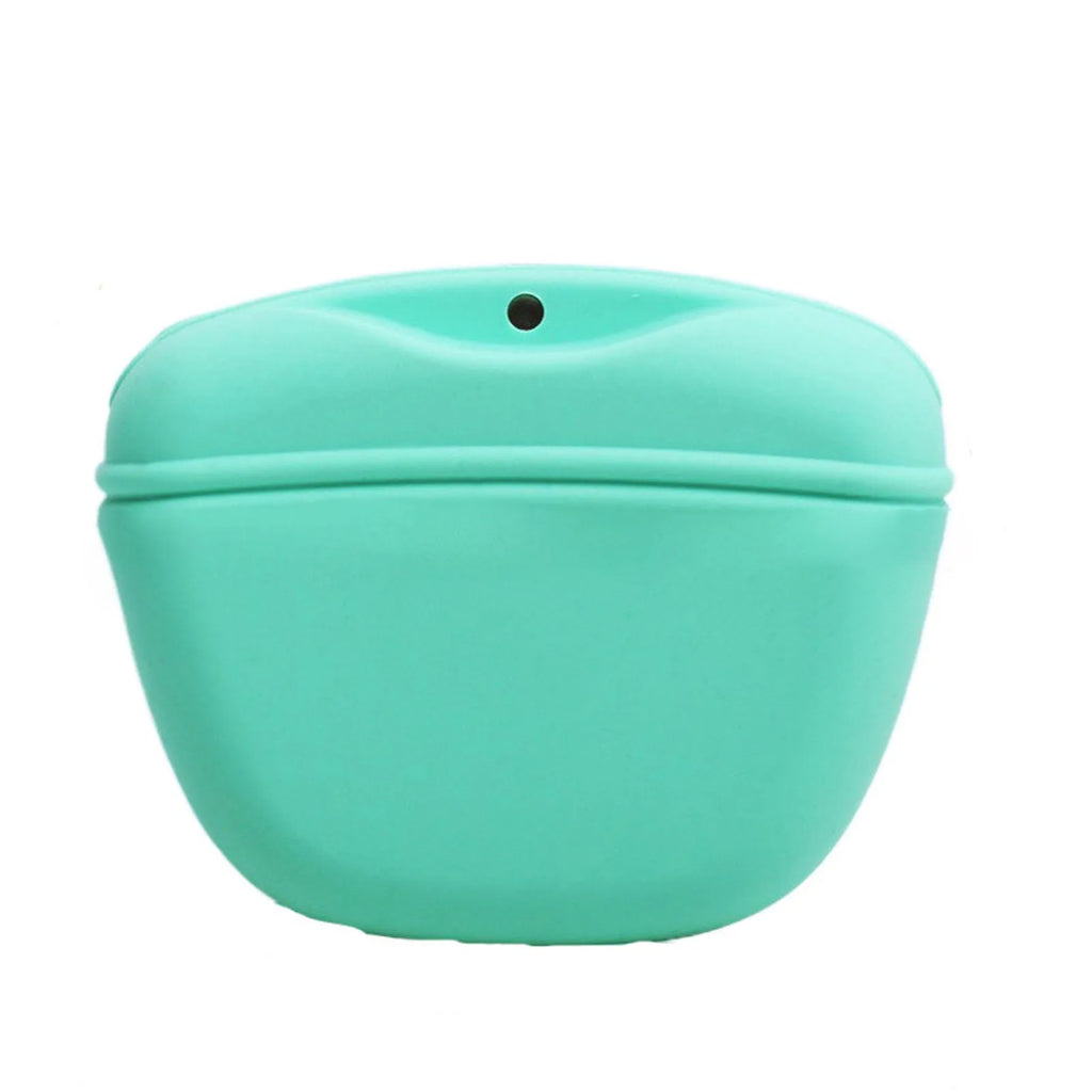 Silicone dog treat bag with clip attachment showing magnet closure and food-grade construction