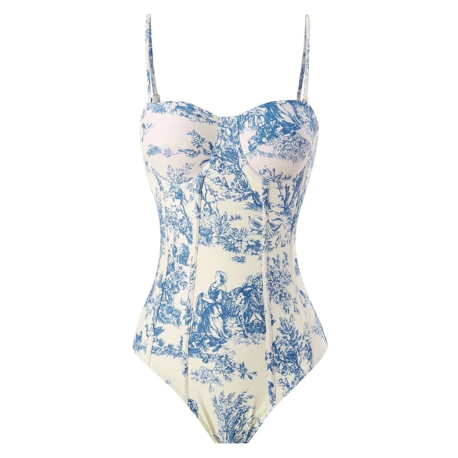 Women's blue patterned one-piece swimsuit with a skirt, made from polyester fabric.