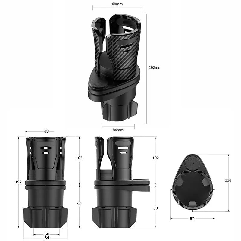 Second generation upgrade car cup holder modification tray in carbon fibre and matte ABS plastic finish.