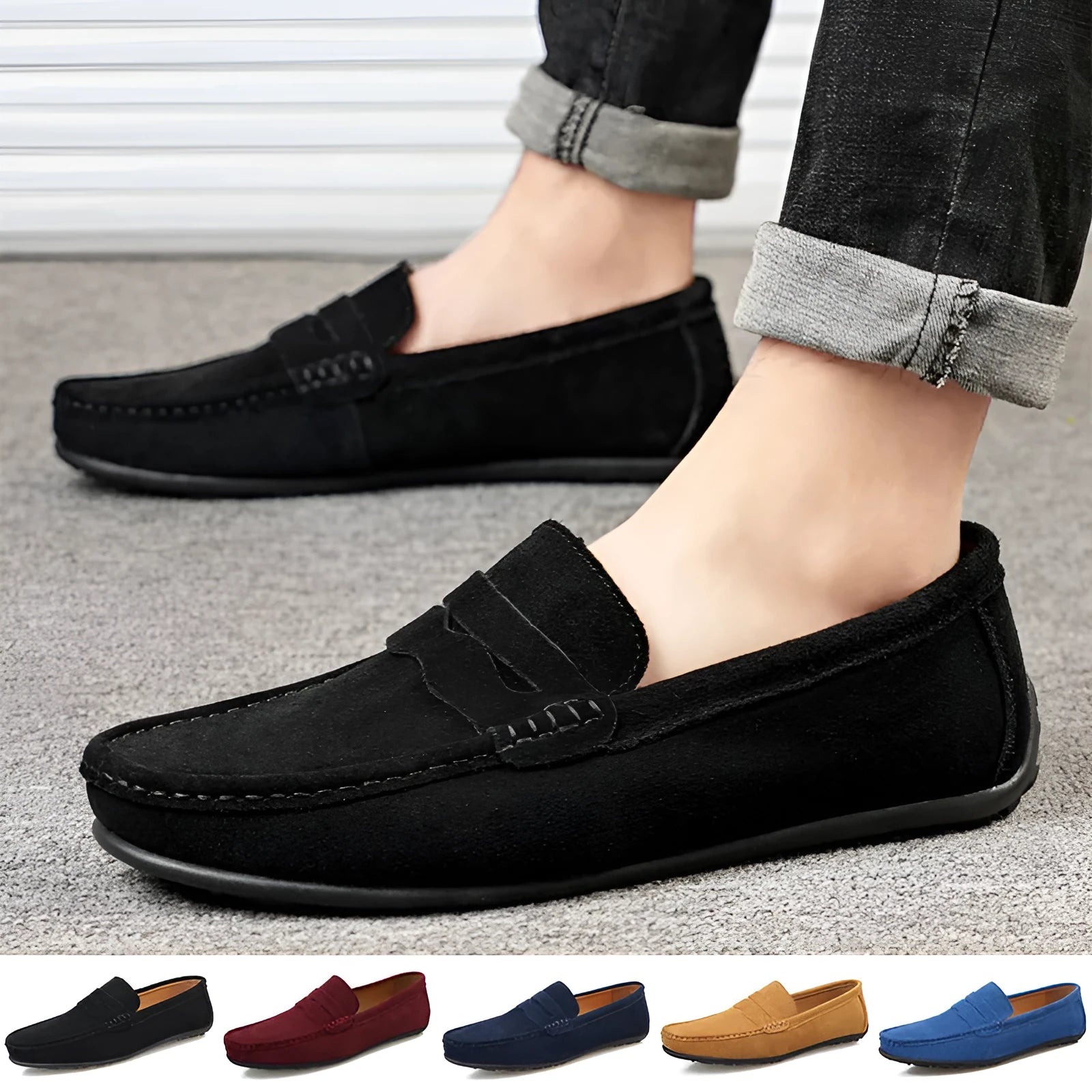 Men's solid colour suede loafers with a round toe and flat rubber sole on a neutral background.