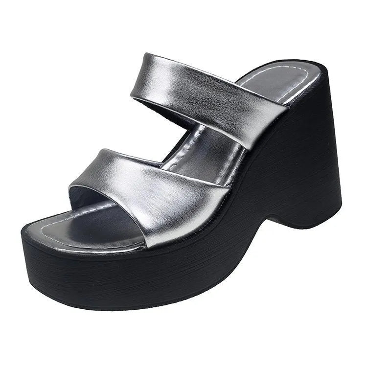 Women's black wedge platform slippers with square toe and 1-inch heel