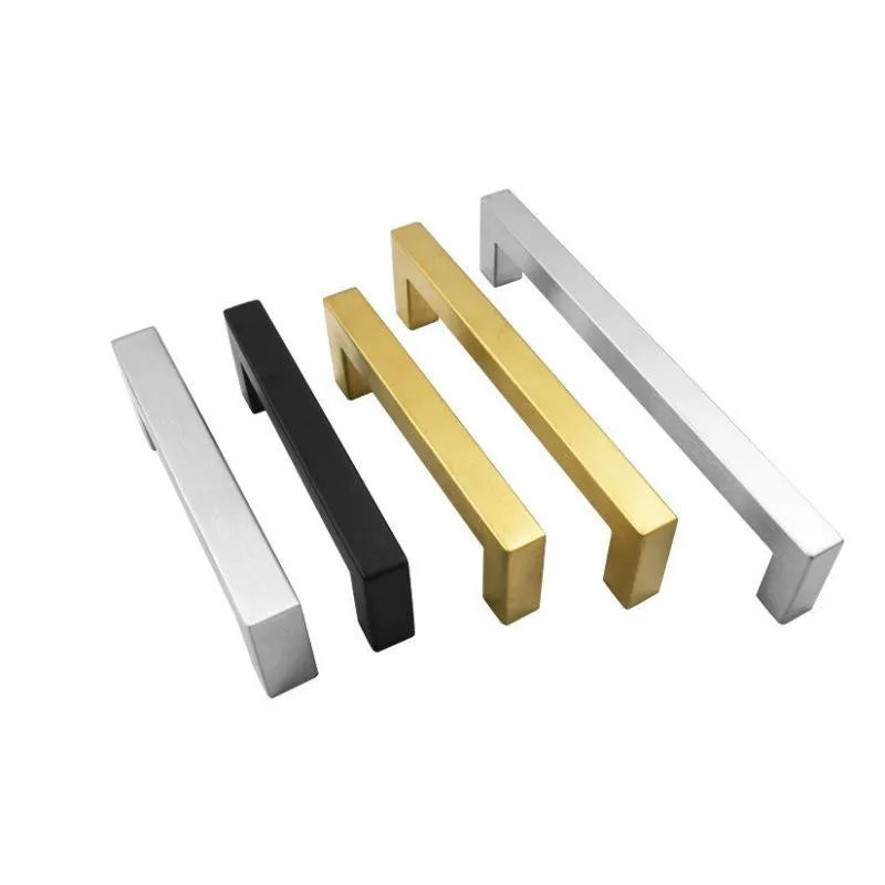 Stainless steel square pipe door handle for cabinets in brushed silver, black, or gold finish.