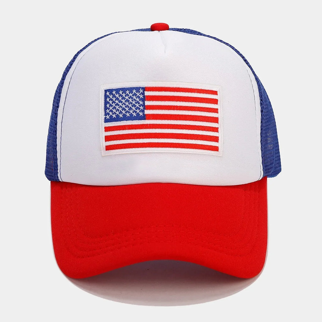 Red and blue contrast mesh baseball cap with adjustable strap and dome crown