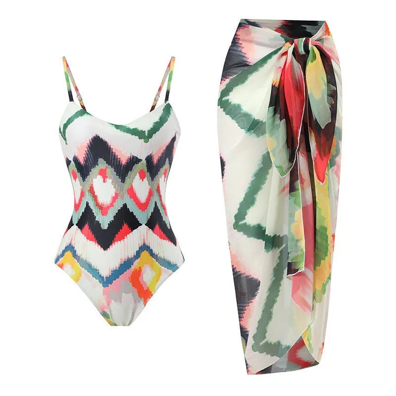 Women's two-piece swimsuit with detachable high-waist hip skirt in striped pattern
