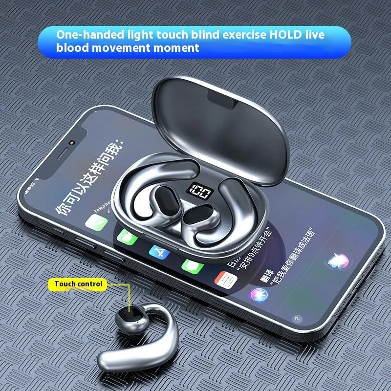 Black or white ear-mounted Bluetooth headset with digital display screen, shown with charging cable