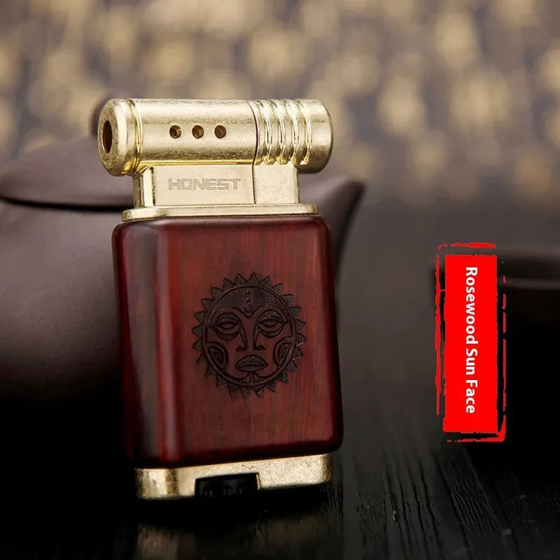 Ebony gas lighter showing four wooden design variations: Black Wood, Rosewood Sun Surface, Rosewood Good Luck and Red Wood Tube