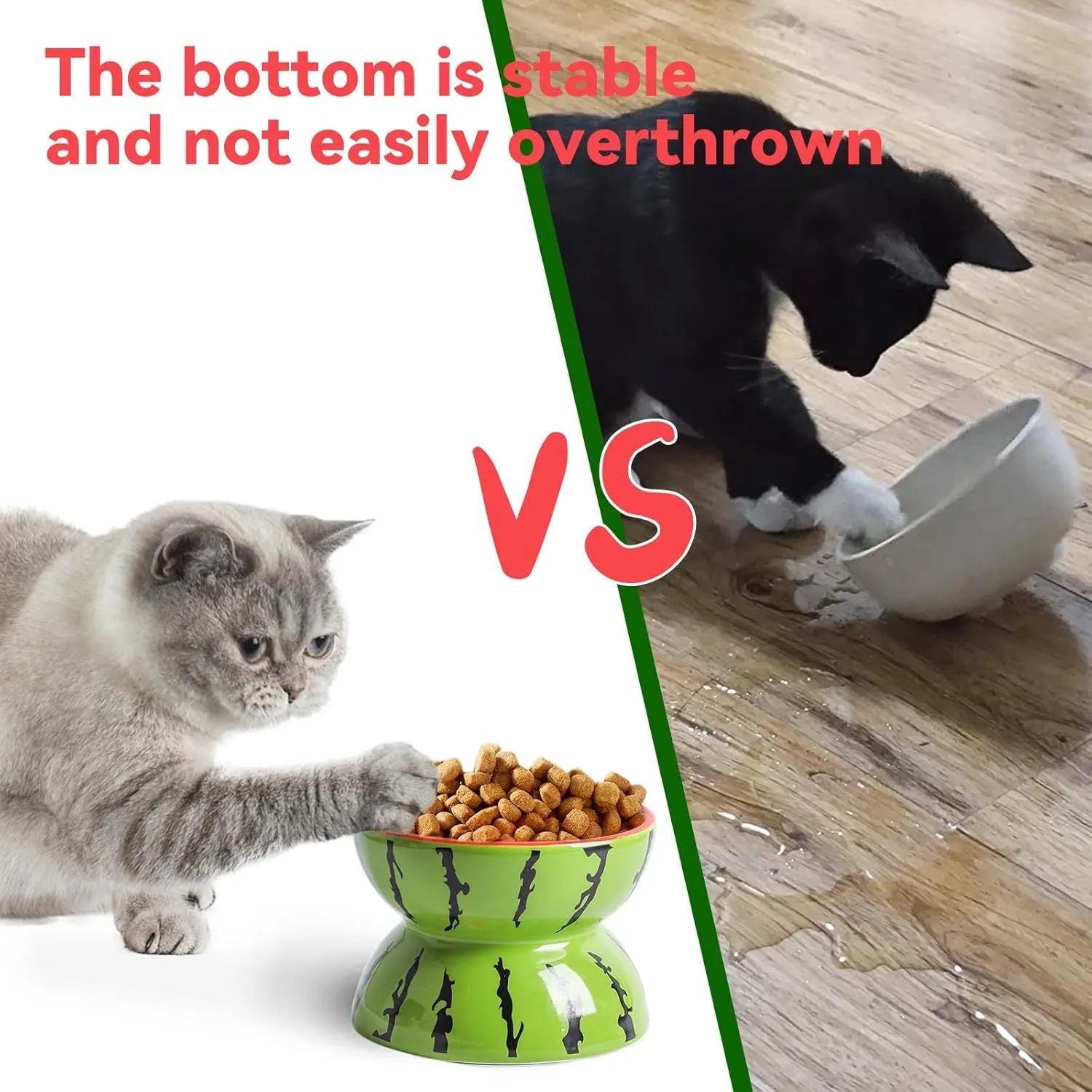 Orange patterned ceramic elevated cat bowl on a wooden floor.