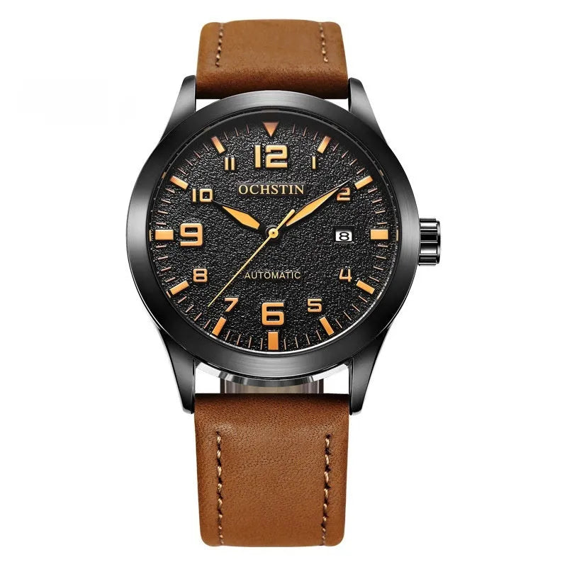 Men's automatic mechanical watch with leather strap and retro business style in multiple colour options