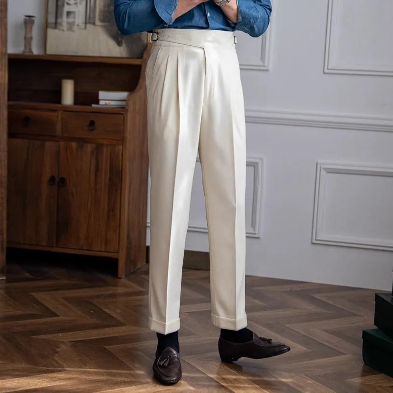 Men's high waist straight leg casual trousers in polyester fabric showing colour options