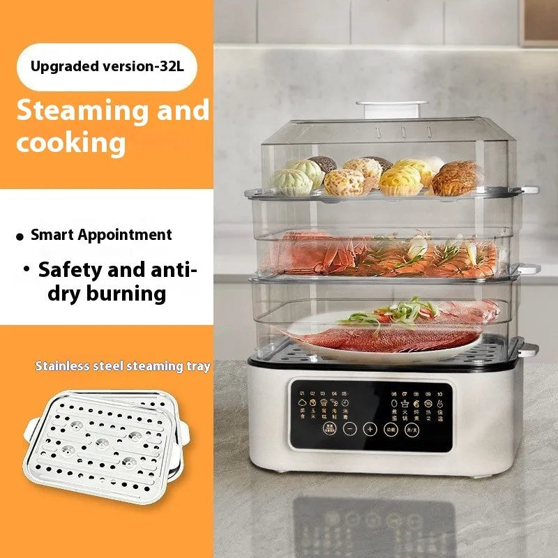 28-litre capacity electric steamer with stainless steel steaming rack and automatic measuring function.