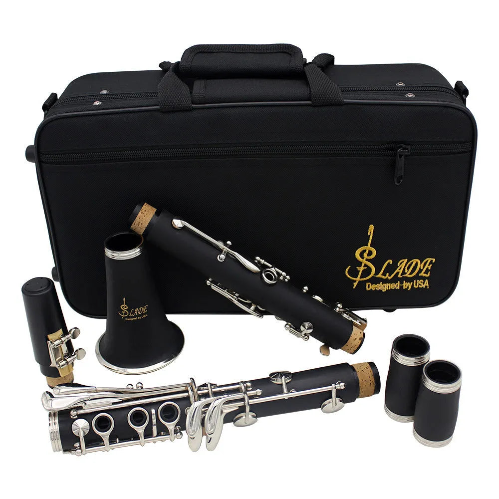Black bakelite clarinet with 17 nickel-plated keys and carrying case for beginners
