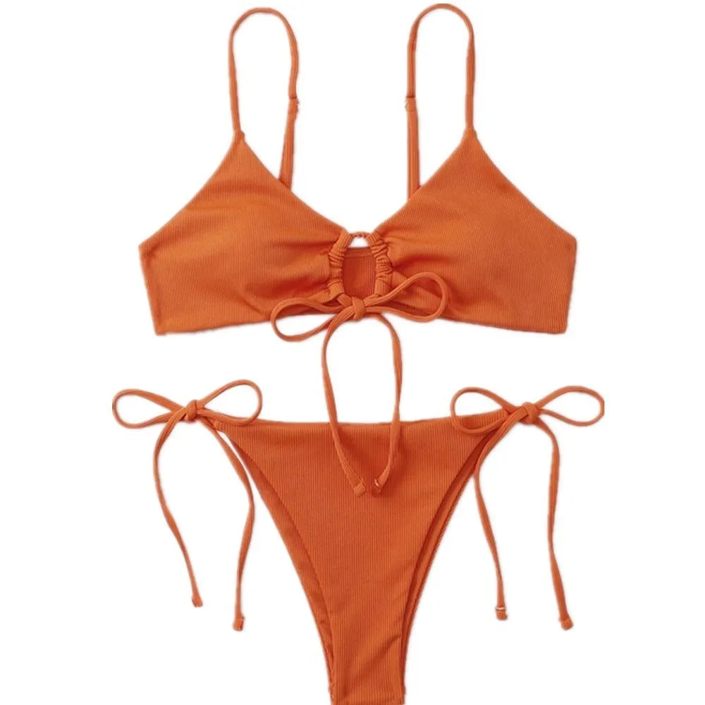 Women's solid colour drawstring bikini in quick-dry nylon shown in army green