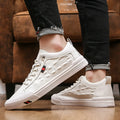 Men's white round toe lace-up sneakers with a PU leather upper and flat rubber sole.