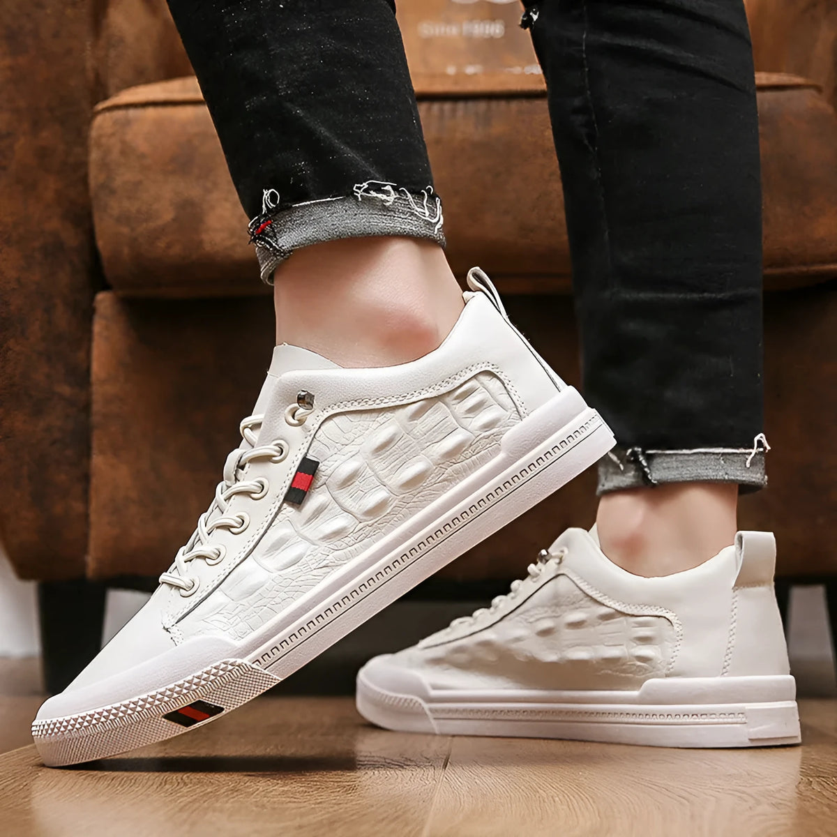Men's white round toe lace-up sneakers with a PU leather upper and flat rubber sole.