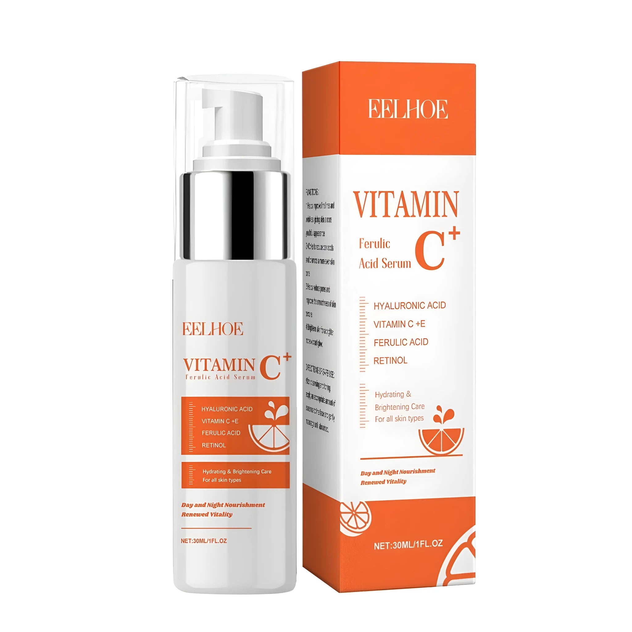 30ml bottle of Vitamin C Ferulic Acid Serum with retinol and hyaluronic acid.