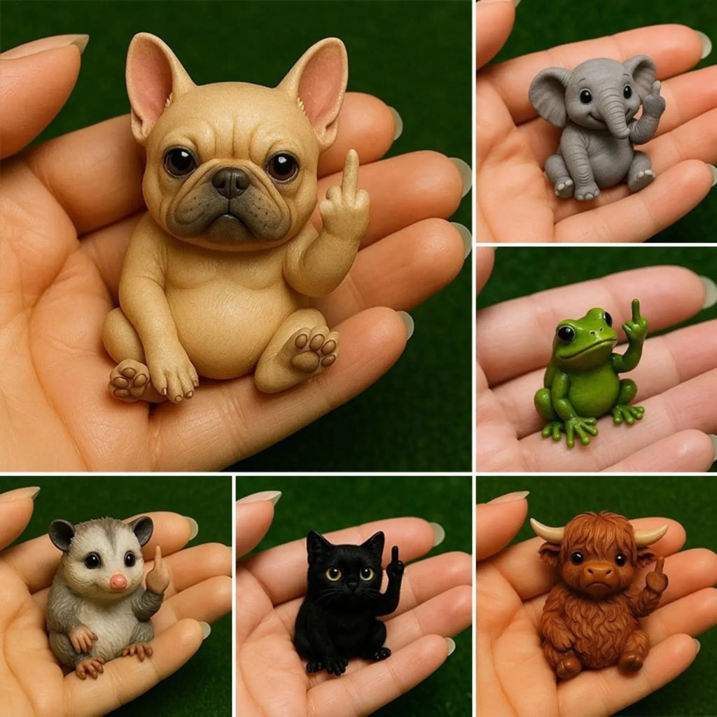 Mini resin animal doll making a middle finger gesture, shown in dog, cat, elephant, frog, highland cattle, mouse, and turtle styles.