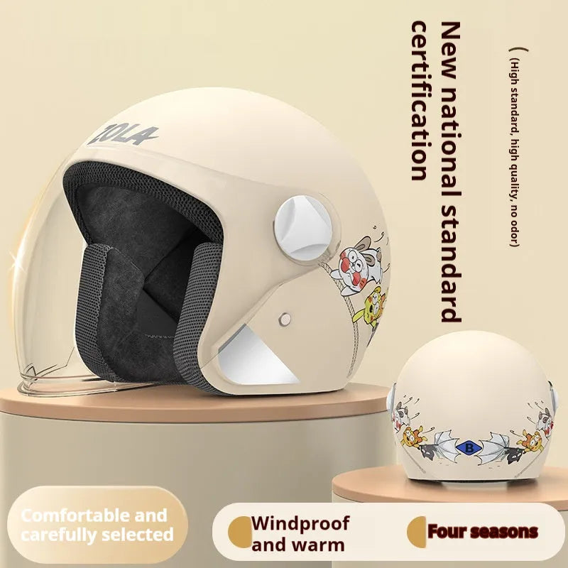 Blue winter electric bicycle helmet with attached ear scarf and a clear anti-fog visor.