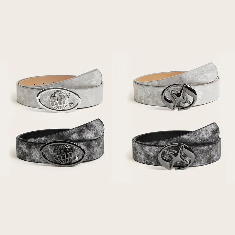 Retro women's belt with oval alloy buckle on thick 4cm+ PU leather strap in earth grey white colour
