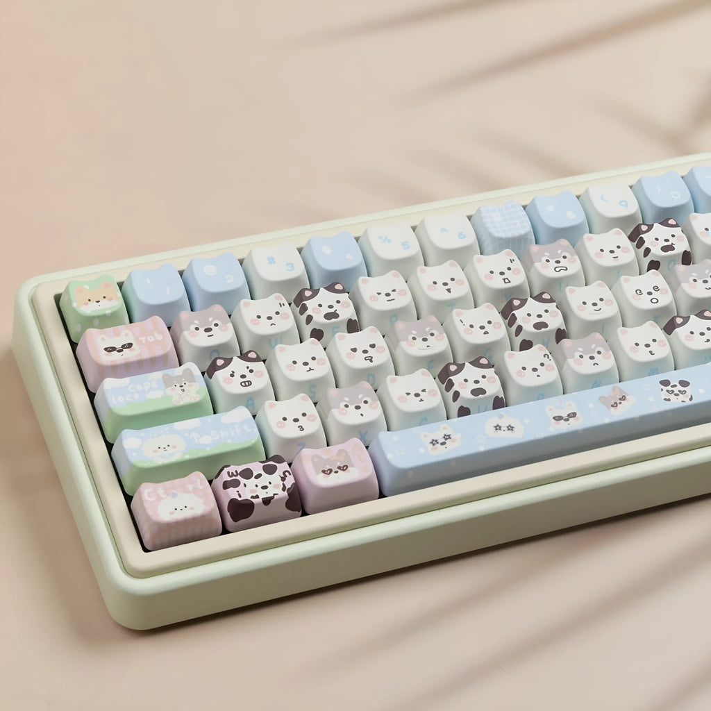 PBT sublimation key cap set featuring colourful cat and puppy artwork for mechanical keyboards