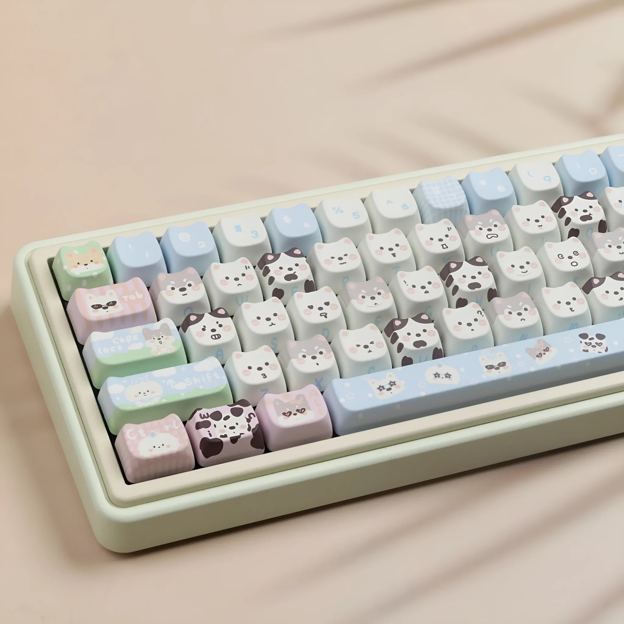 PBT sublimation key cap set featuring colourful cat and puppy artwork for mechanical keyboards