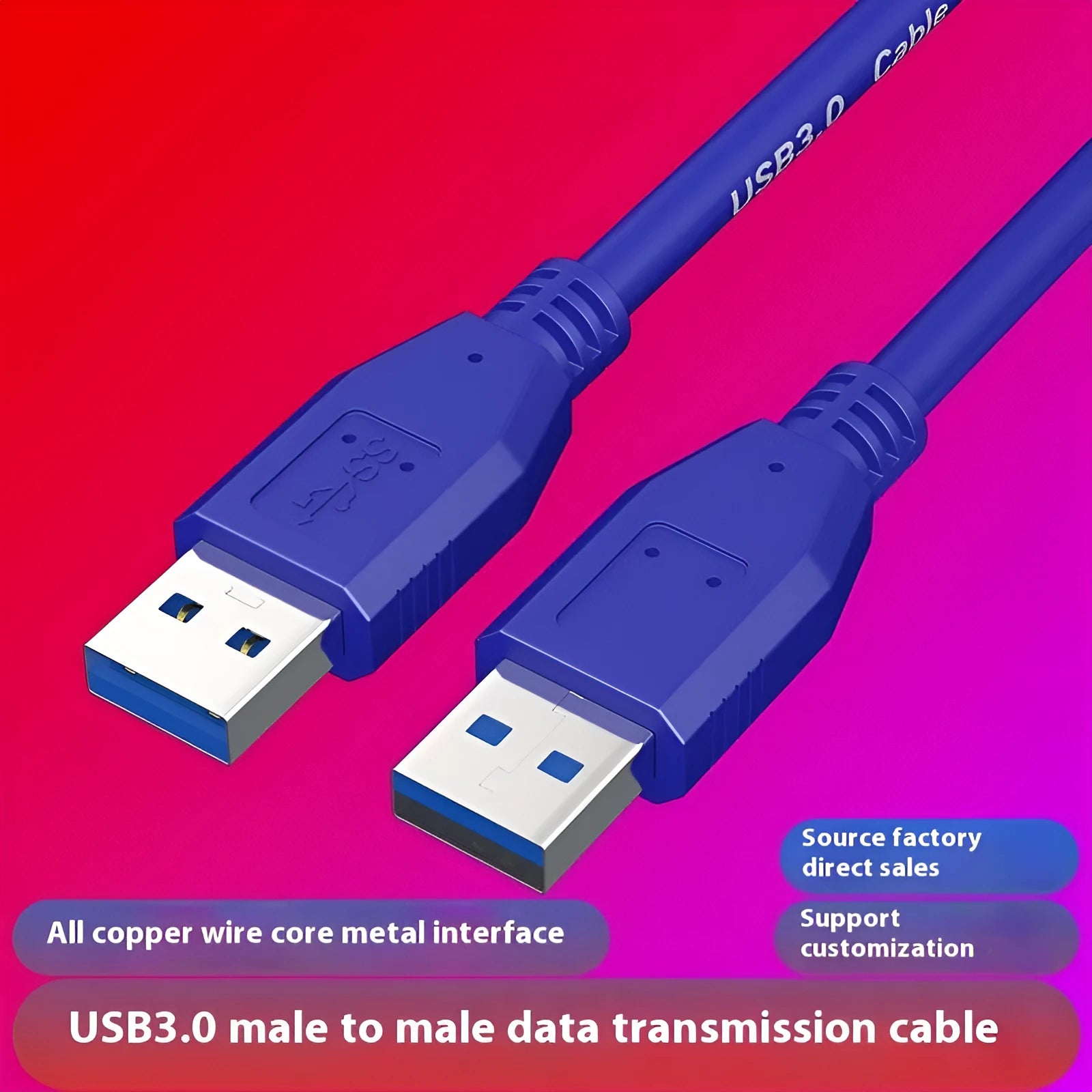 USB 3.0 A male to A male data cable for hard drive connection with nickel-plated connectors
