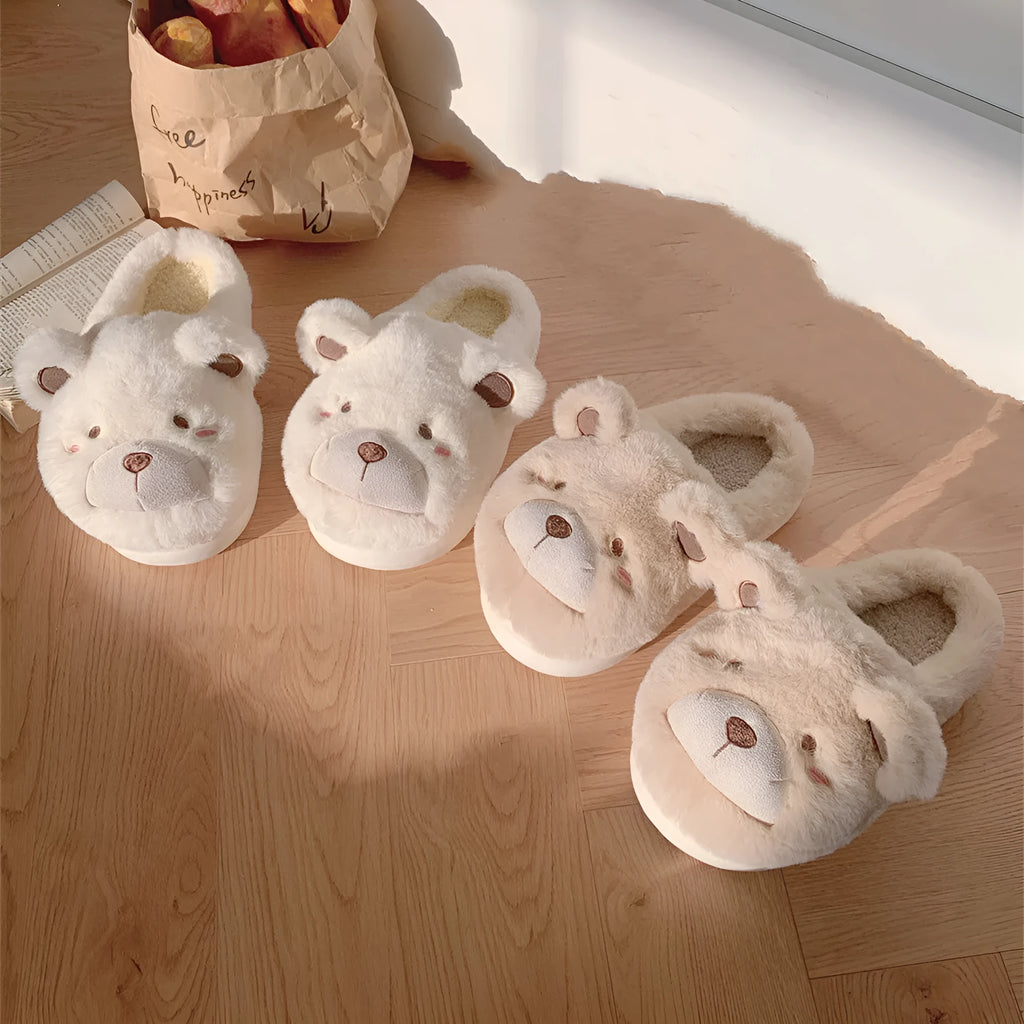 Cartoon-patterned women's suede plush slippers in milky white colour with round-toe design