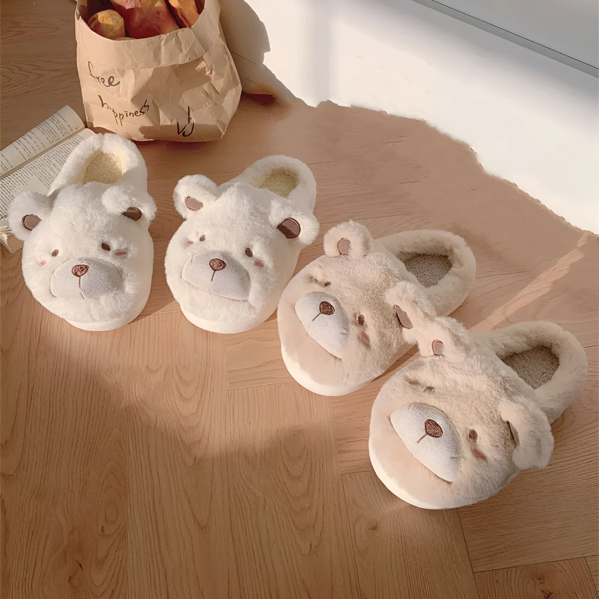 Cartoon-patterned women's suede plush slippers in milky white colour with round-toe design