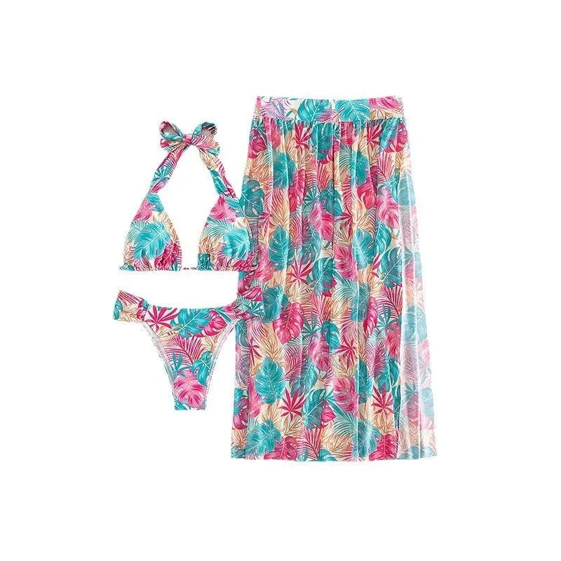 Women's three-piece swimsuit set with floral print, mesh beach skirt, and split design in picture colour.