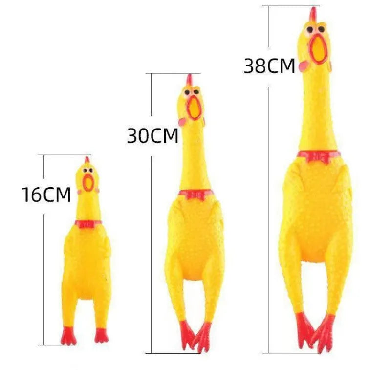 Yellow rubber screaming chicken dog squeak toy shown in three sizes: small, medium, and large