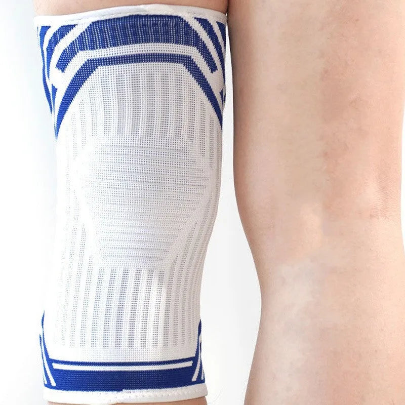 Blue cotton elastic knee pads for adult basketball and running sports.