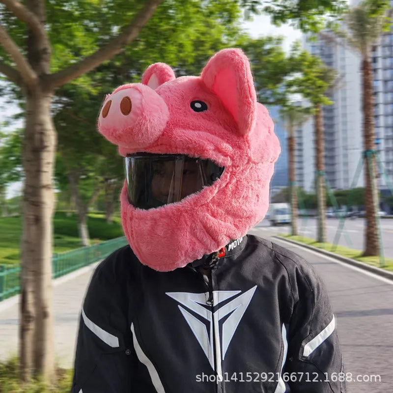 Plush motorcycle helmet protective hood in pink pig cartoon design