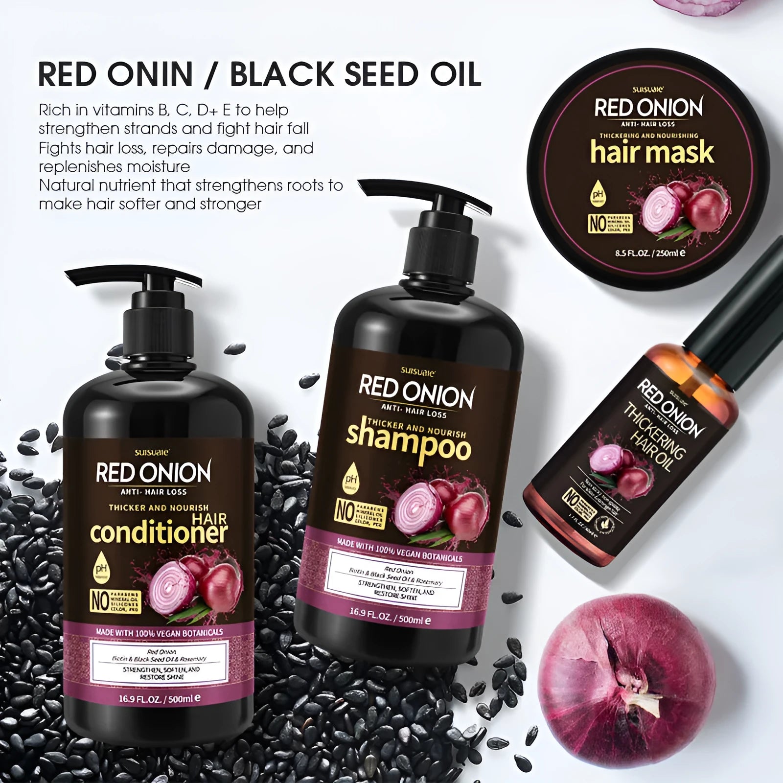 Red onion shampoo, conditioner, hair mask and essential oil four-piece hair care set kit