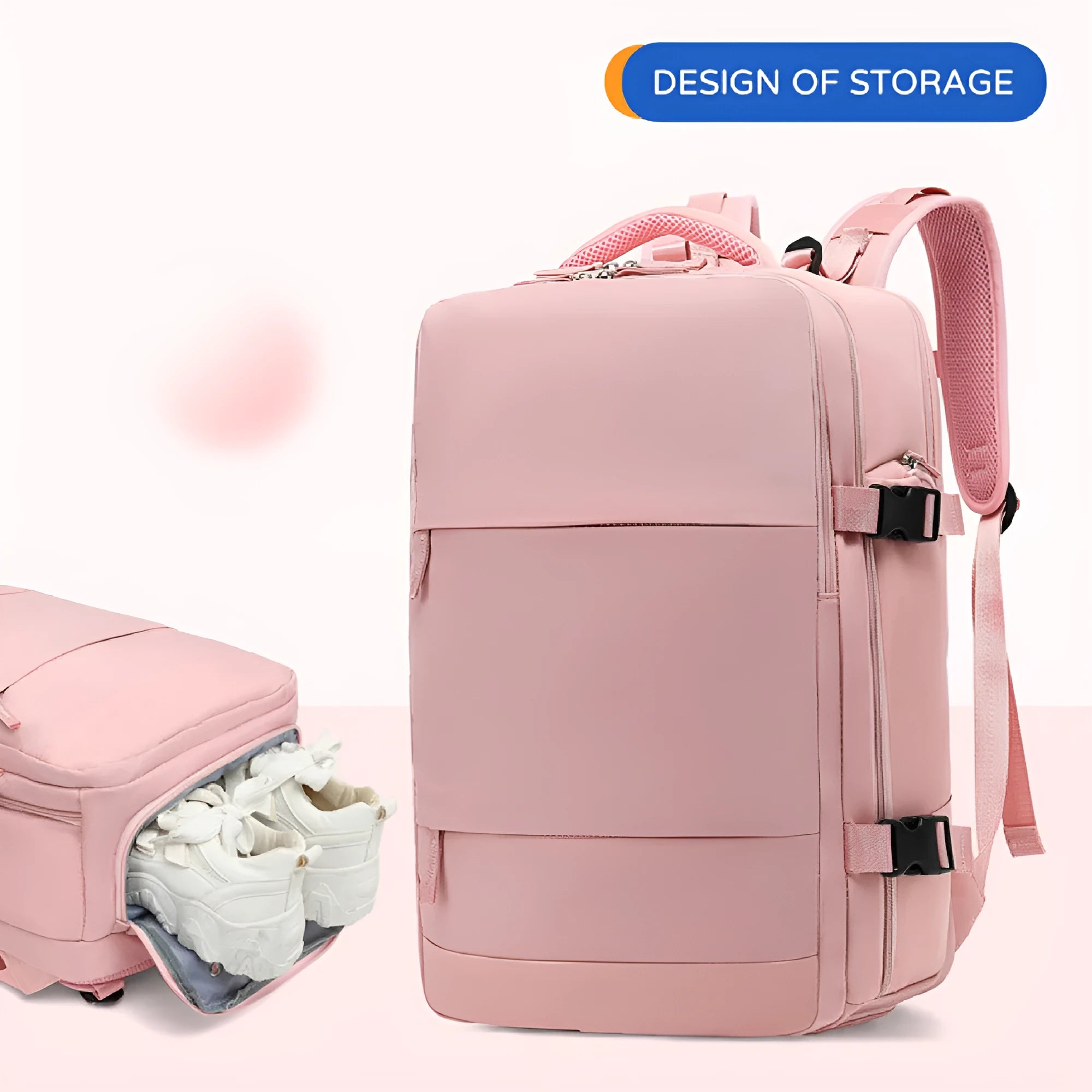 Large capacity waterproof mummy backpack in nylon material showing multiple colour options including black, pink, and mint green