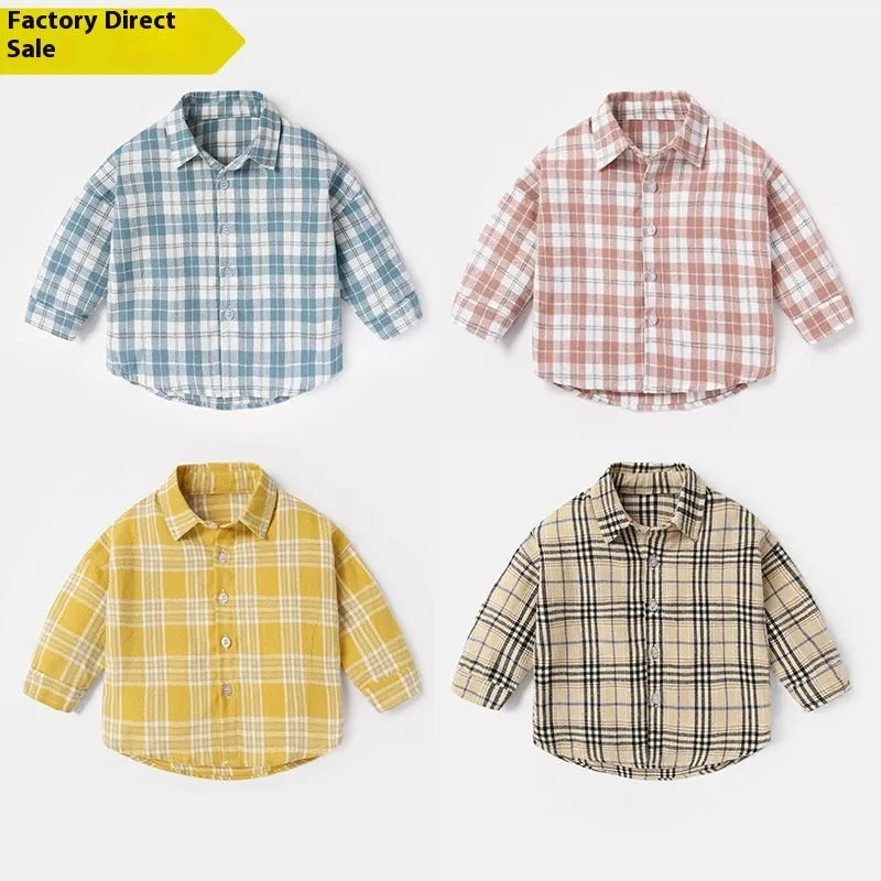 Boys' cotton long sleeve lattice shirt in khaki, featuring an animal cartoon pattern.