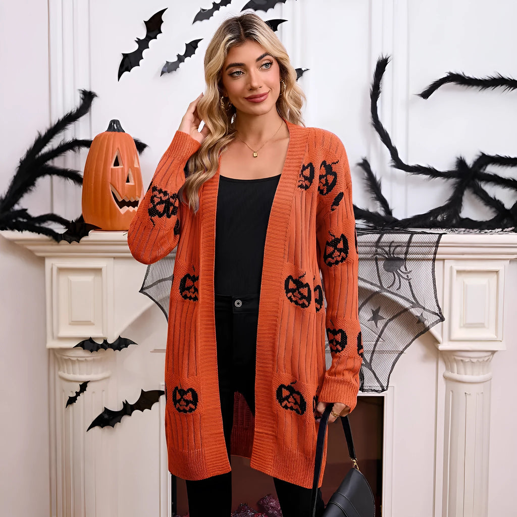 Women's black Halloween cardigan with orange pumpkin head jacquard knit pattern, straight cut with regular sleeves