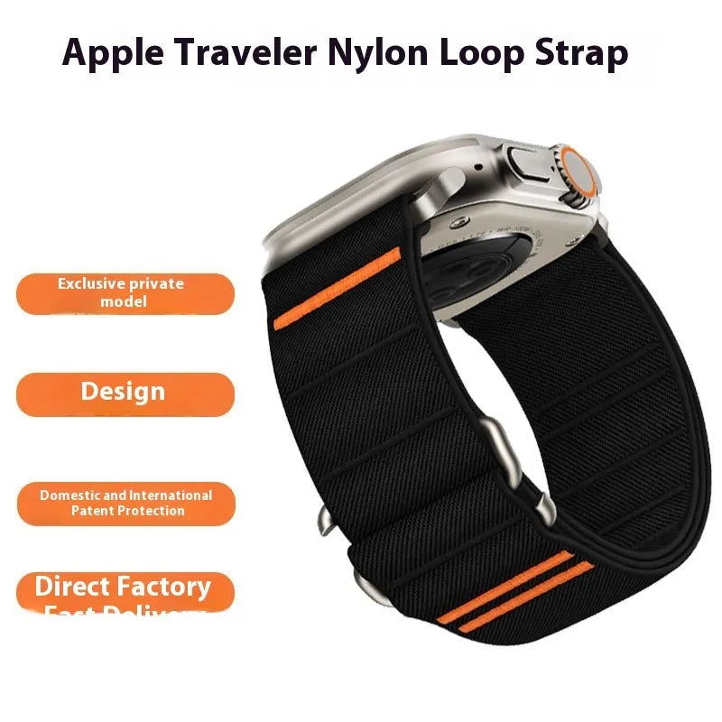 Elastic nylon watchband with stainless steel buckle for Apple Watch in multiple colour options.