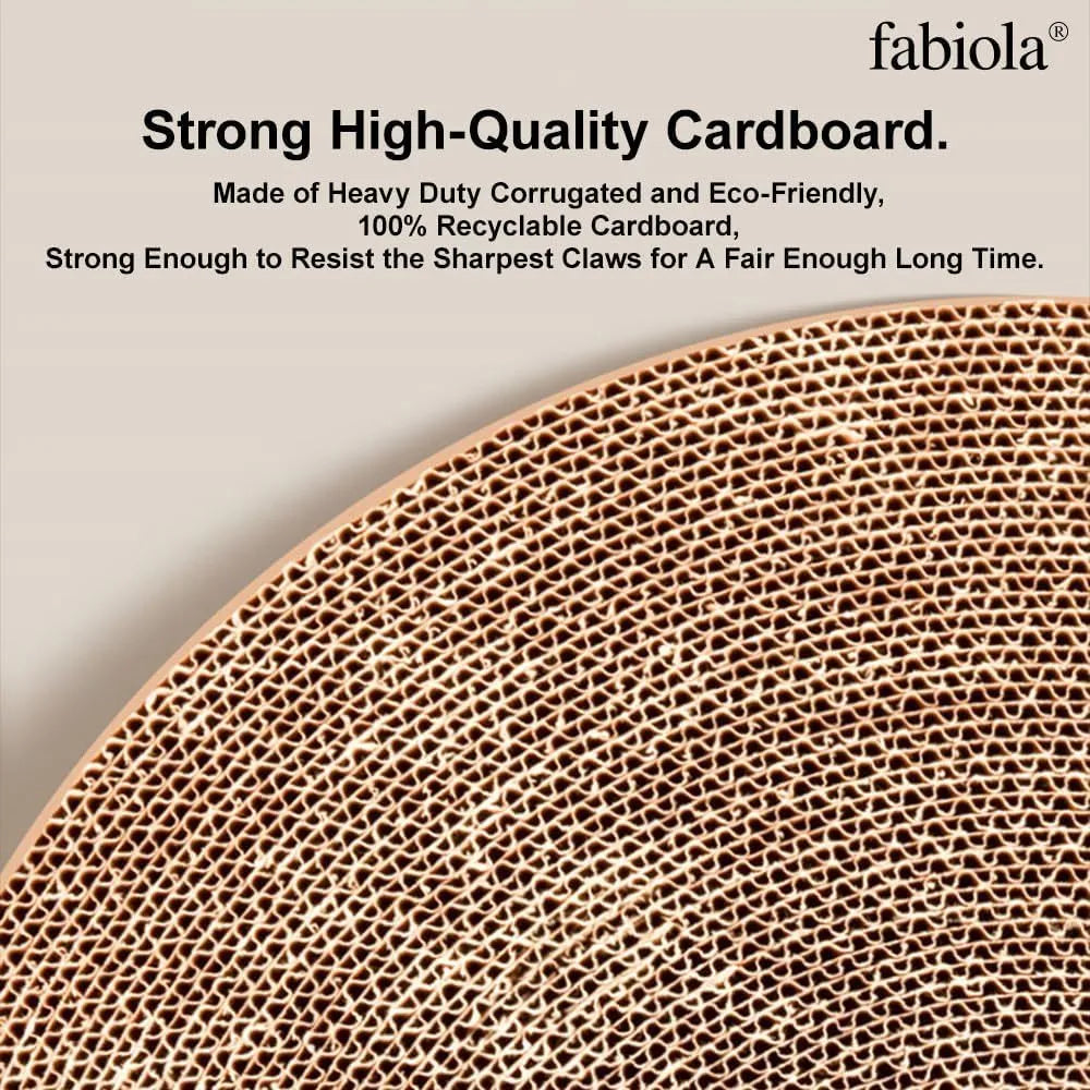 Large circular cardboard cat scratching board with integrated ball toys and replaceable core