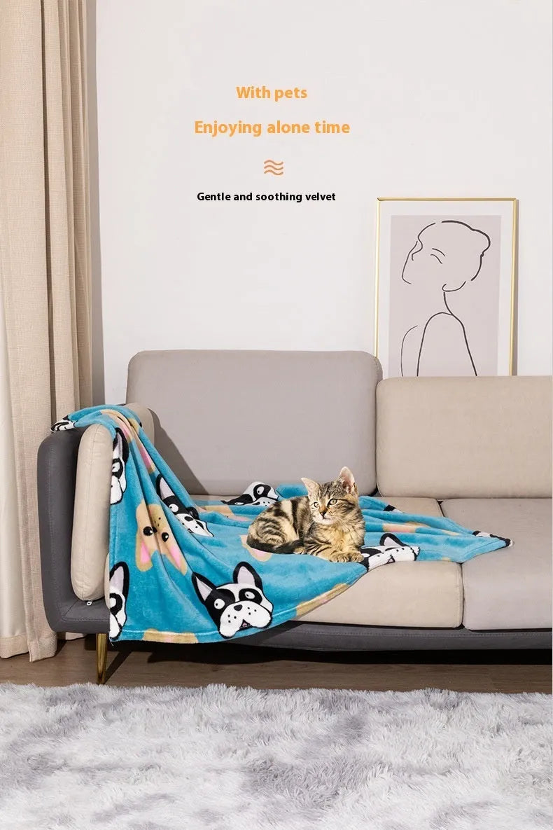 Blue Dog cartoon pattern double-sided flannel pet blanket laid flat, showing its 100x120cm size.