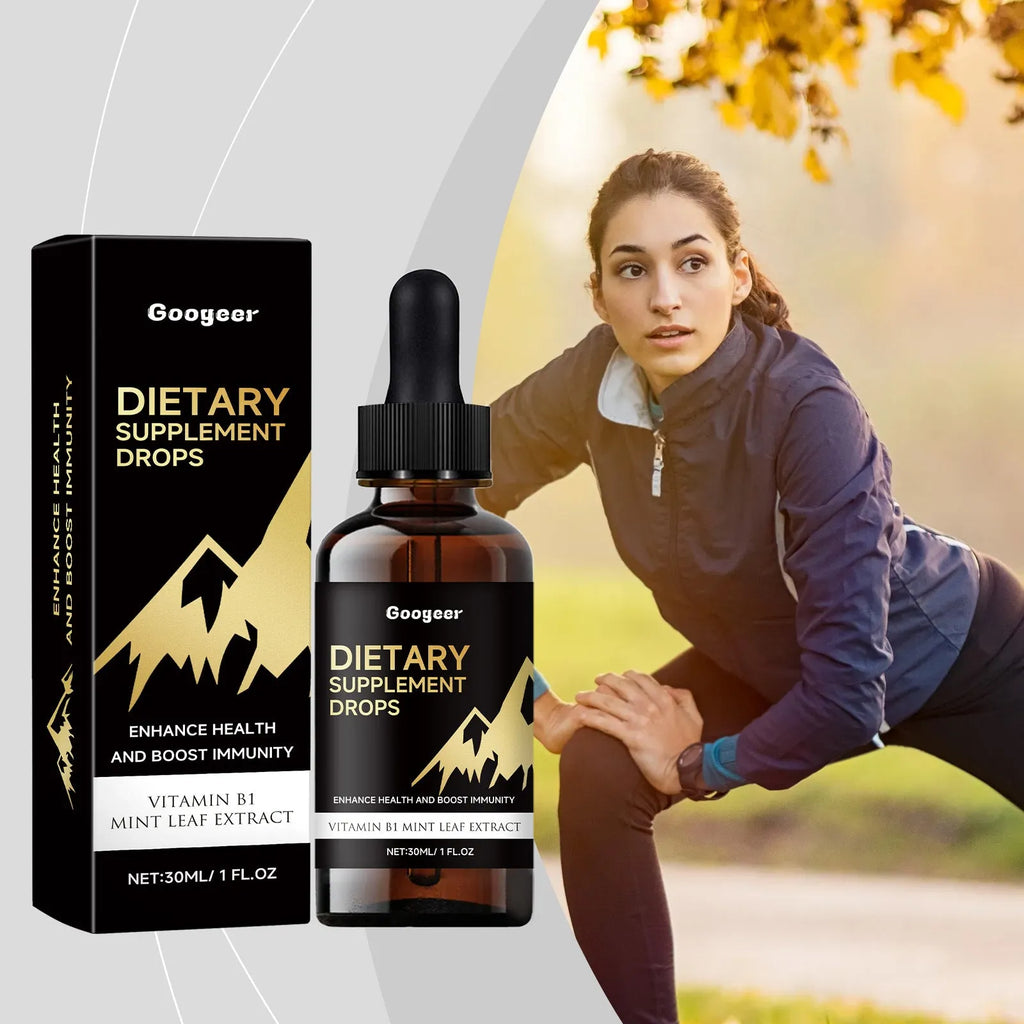 30ml glass bottle of vitamin D3 and K2 dietary supplement drops with a black dropper.