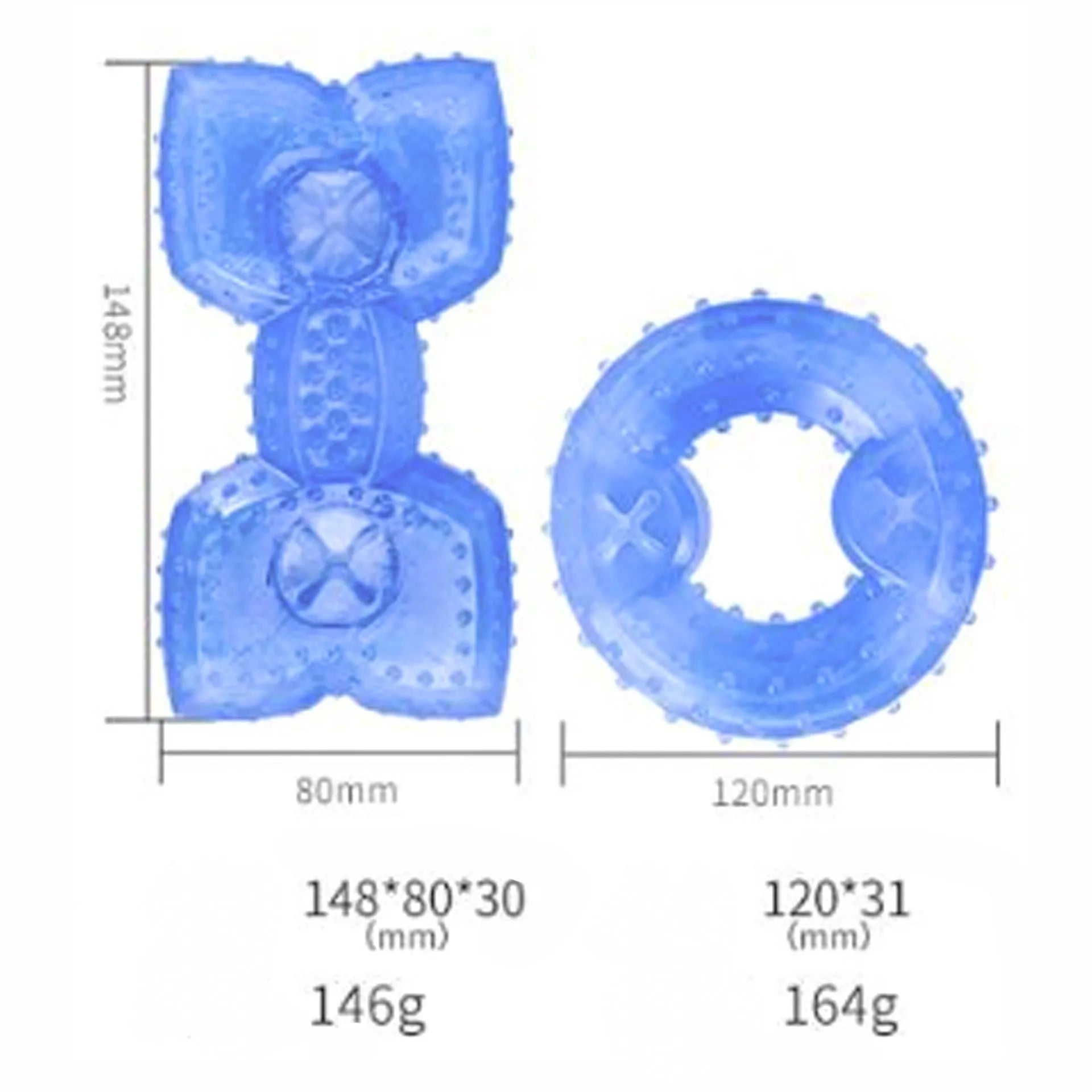 Freezable bone-shaped and circle-shaped dog cooling chew toy filled with purified water.