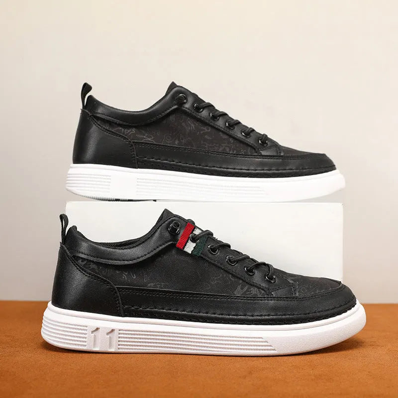 Men's black high-top PU canvas sneakers with a rounded toe and lace-up front on a PVC sole.