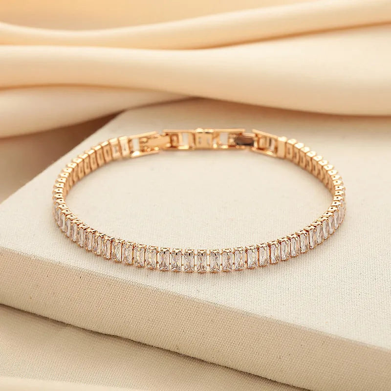Rectangular brass women's bracelet with full diamond zircon design in champagne gold colour