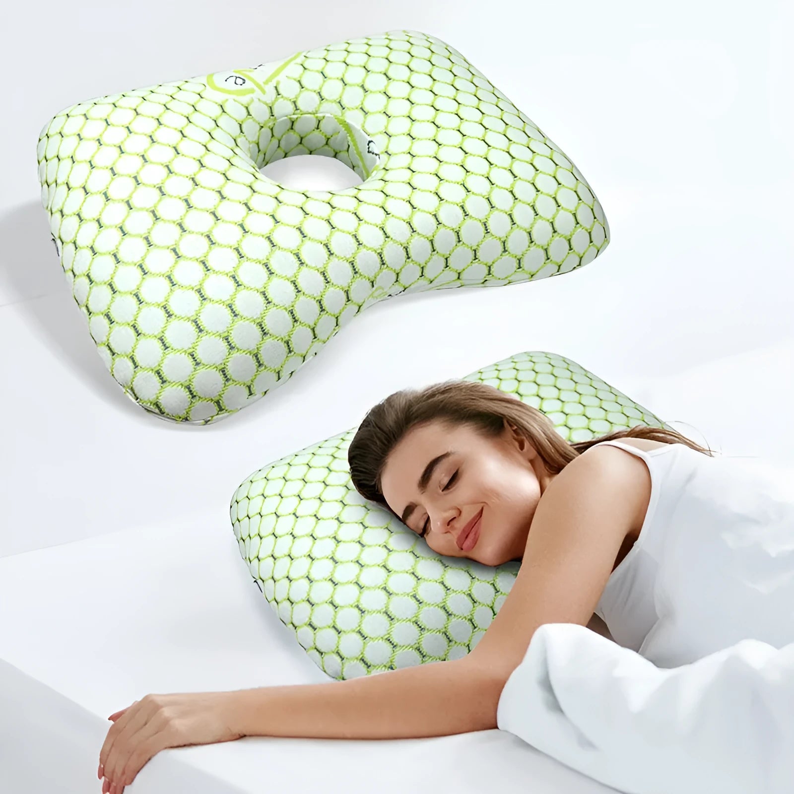 Beauty salon single hole ear pillow for face down treatments, shown in a colour option with detachable cover.