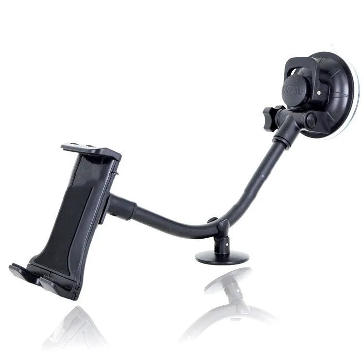 Black vehicle tablet holder with lifting bracket and long suction cup for 4-12 inch devices