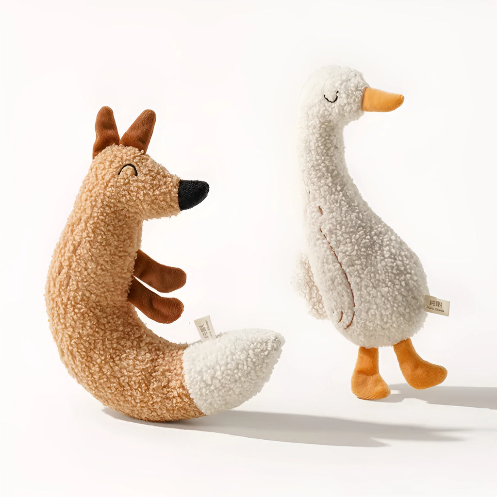 Cartoon fox and duckling soft plush dog toys with crinkle sound paper inside.