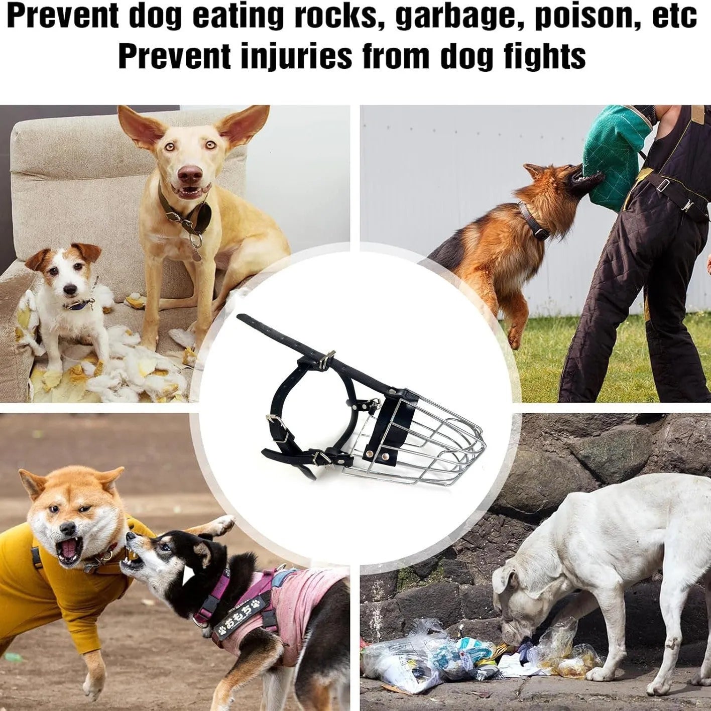 Black metal basket muzzle designed for a Golden Retriever or German Shepherd dog.