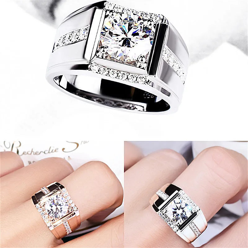 Men's adjustable geometric diamond ring in copper with electroplated finish showing open mouth design