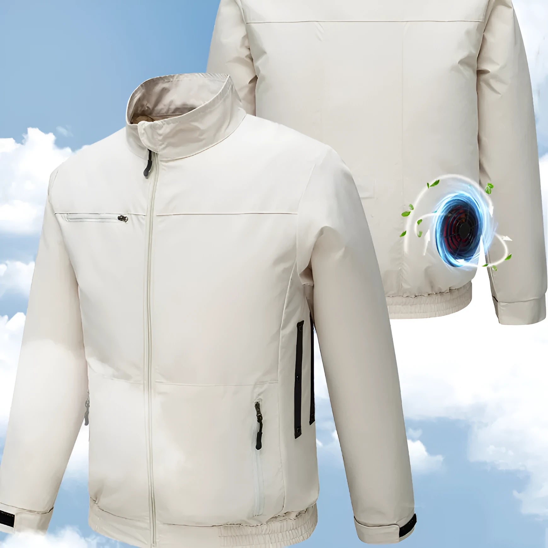 Men's smart cooling work jacket with fan holes in black or white polyester fabric