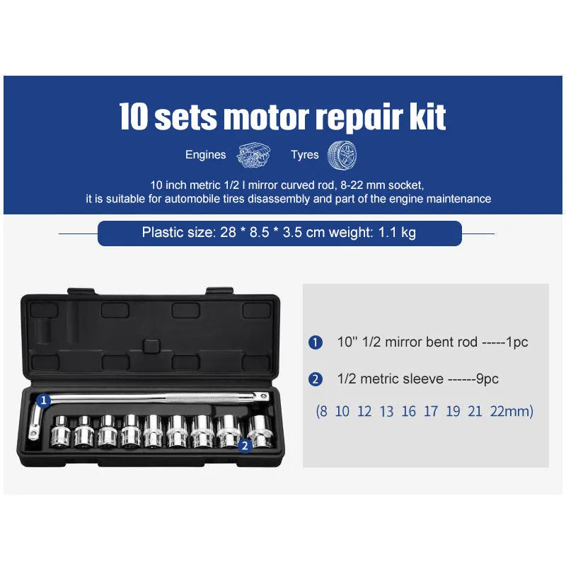 CR-V chromium vanadium steel socket ratchet wrench set with multiple sockets for home and auto repair.